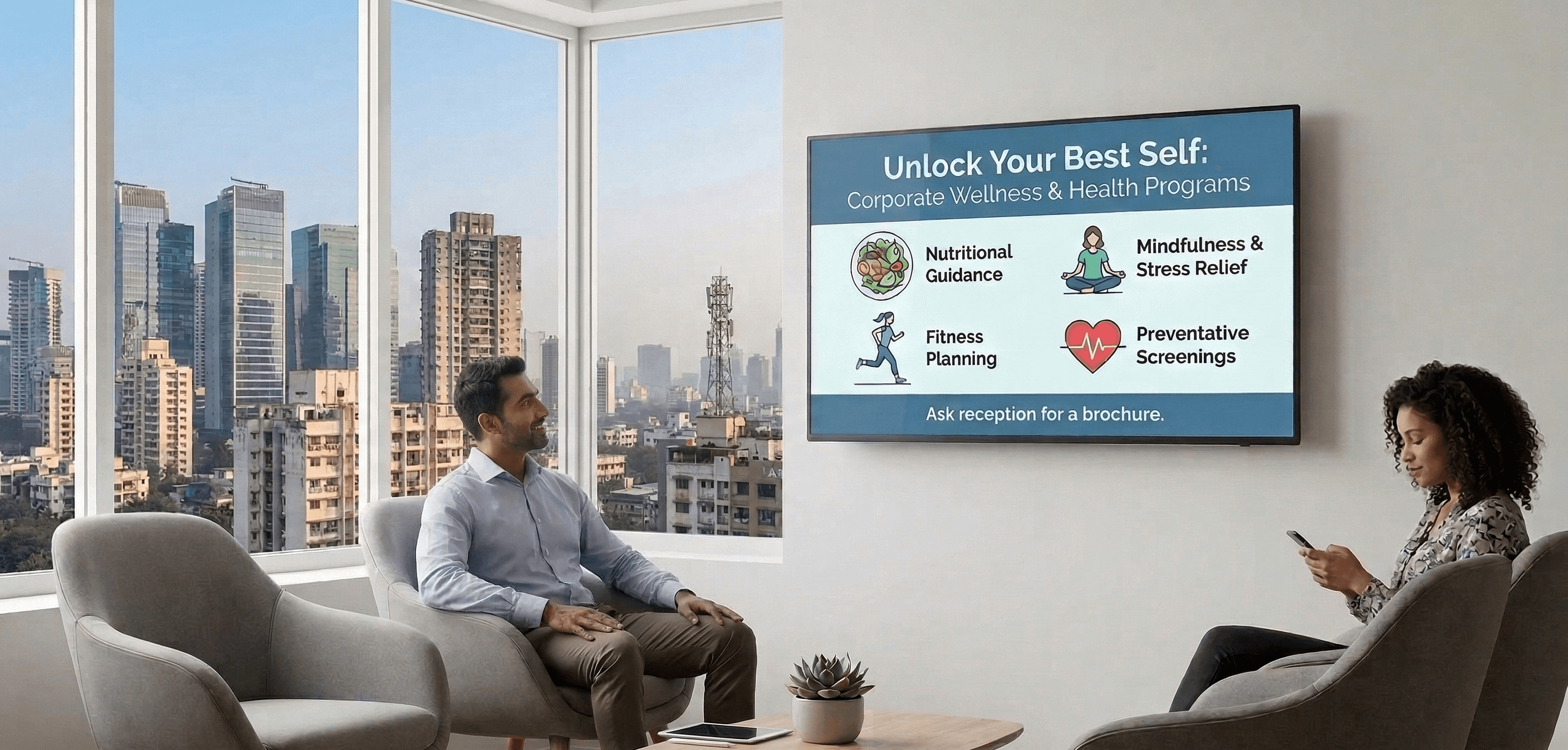 Clinic waiting room with digital display